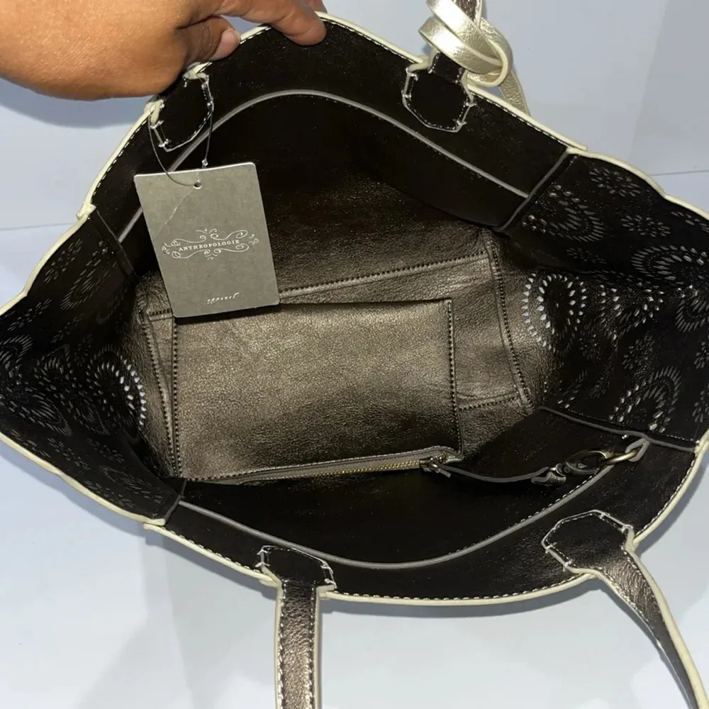 NWT Anthropologie Laser Cut Metallic Vegan Gold Tote - Image 2