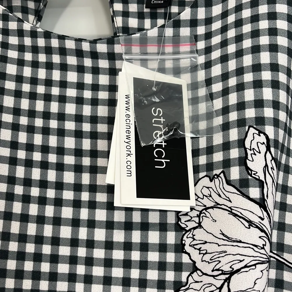 New ECI Size 10 Black and White Checkered Floral Dress - Image 6