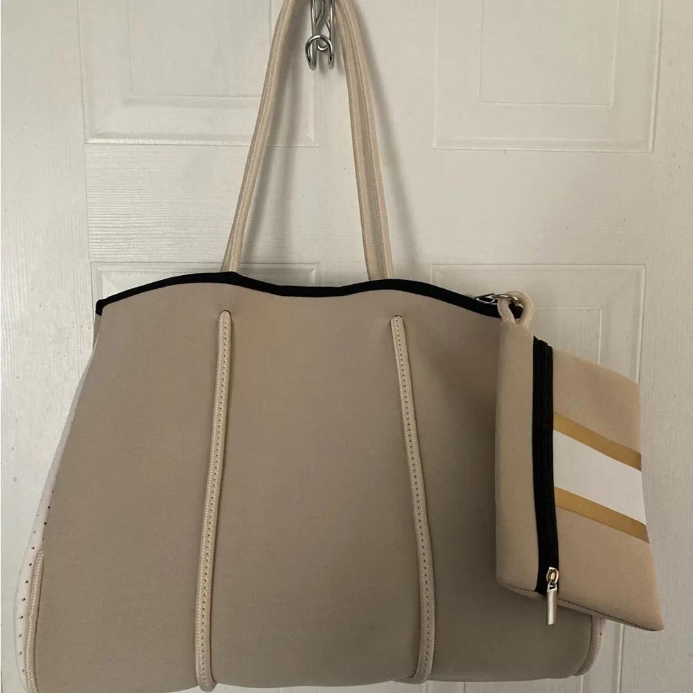 Neoprene Large Hand Bag Tote Purse Beige w/ Gold Black & White Accents - Image 2