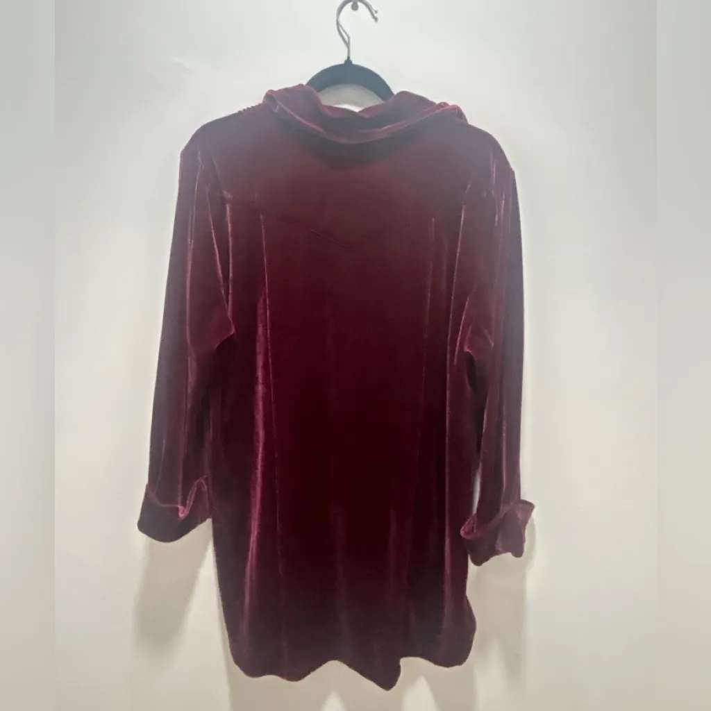 Soft Surroundings Verona Velvet Top Ruffle Pintuck Dark Red  1/4 Button Size L - Image 4