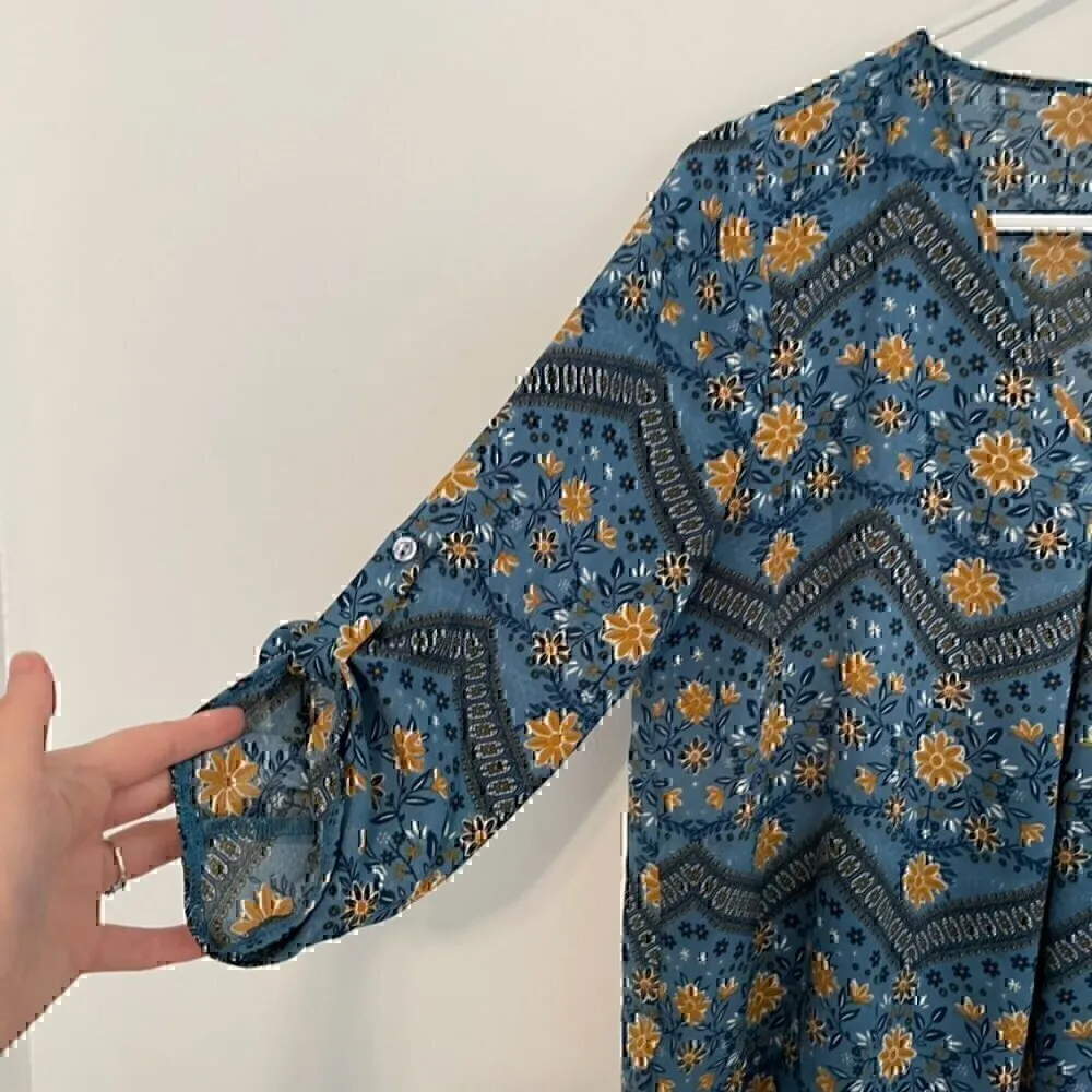 PINK ROSE Blue Mustard Navy Floral Chevron 3/4 Sleeve Roll Tab Sleeve Blouse Top - Image 6