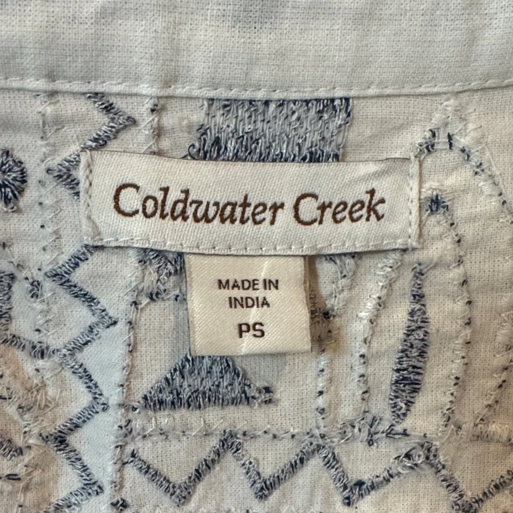 Coldwater Creek Women's Blue and White Cotton Embroidered Open Jacket Size PS - Image 10
