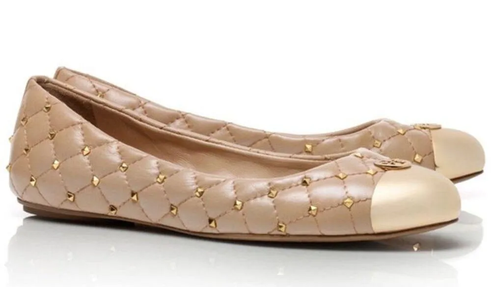 Tory Burch Kaitlin Taupe Gold Cap Toe Studded Medallion Slip On Ballet Flats 6.5 - Image 2