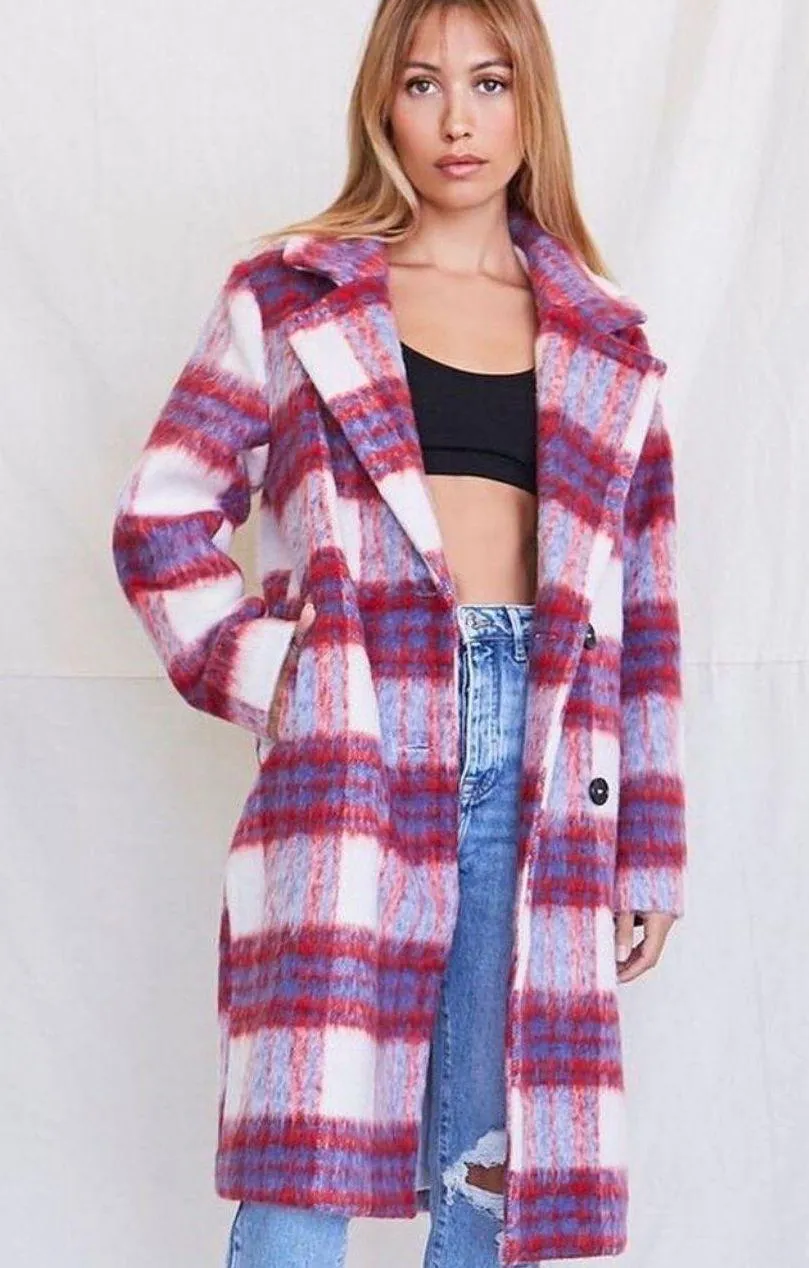 Forever 21 Red White Blue Plaid Double-Breasted Coat Jacket - Image 2
