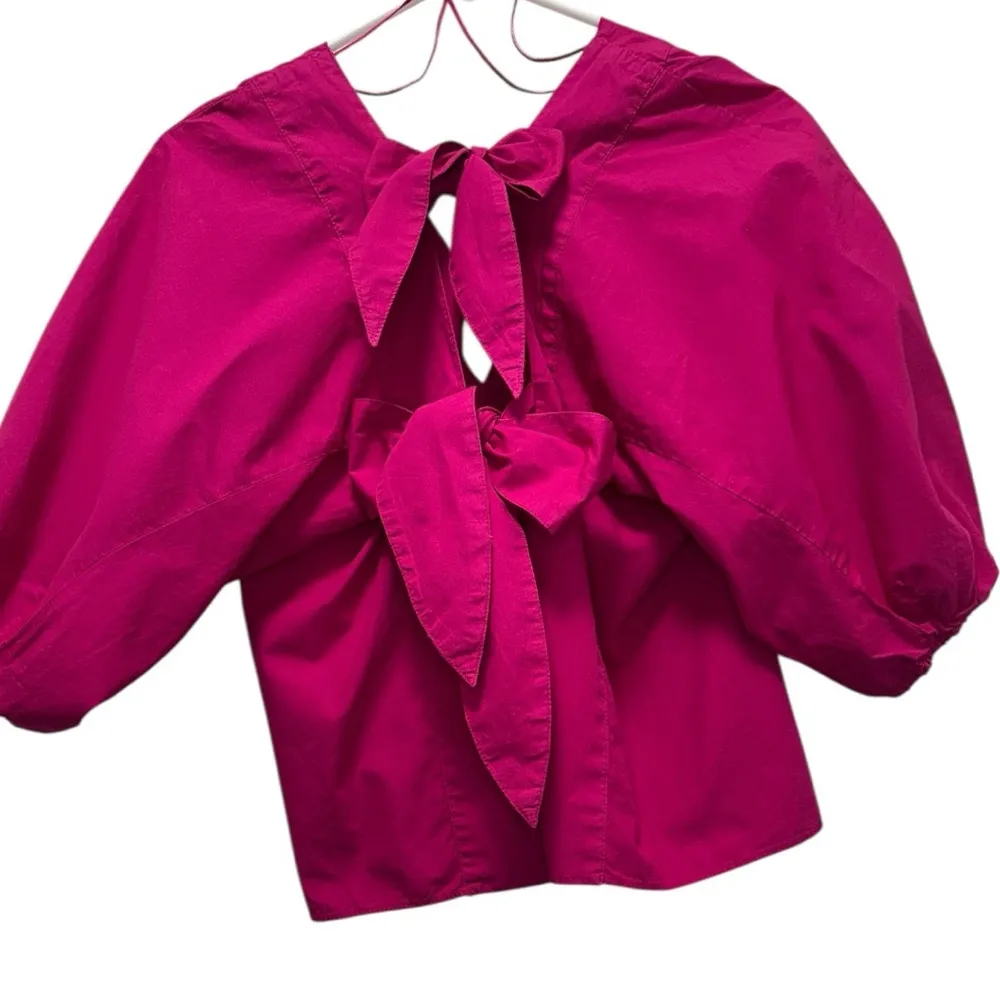 ZARA BASIC Z1975 Denim Balloon-Sleeve Blouse – Hot Magenta Cotton Poplin, Size L - Image 2
