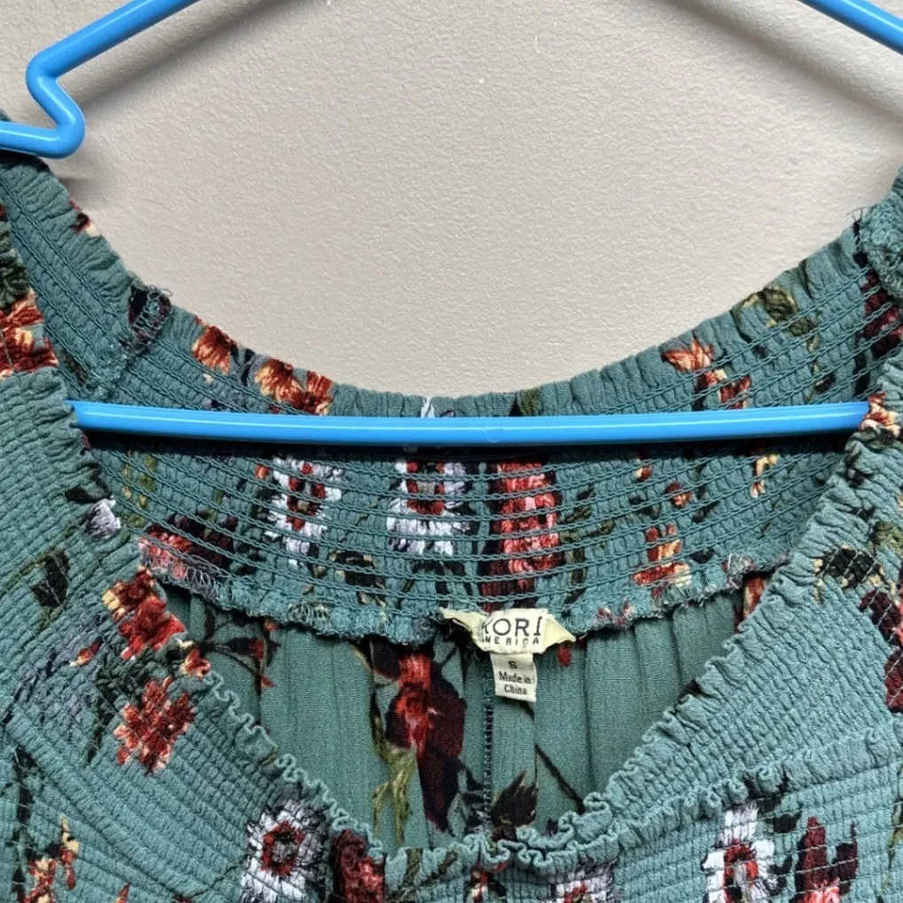 Kori America Floral Smocked Off Shoulder 3/4 Sleeve Top Women's Size Small Green - Image 3