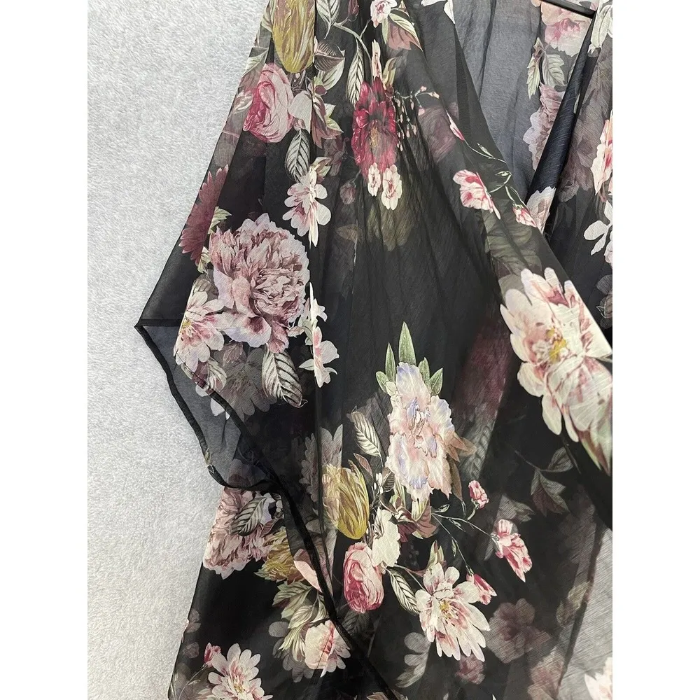 Cyn & Luca Women's Robe Sheer Black Floral Long Coverup Size XS Roses - Image 6