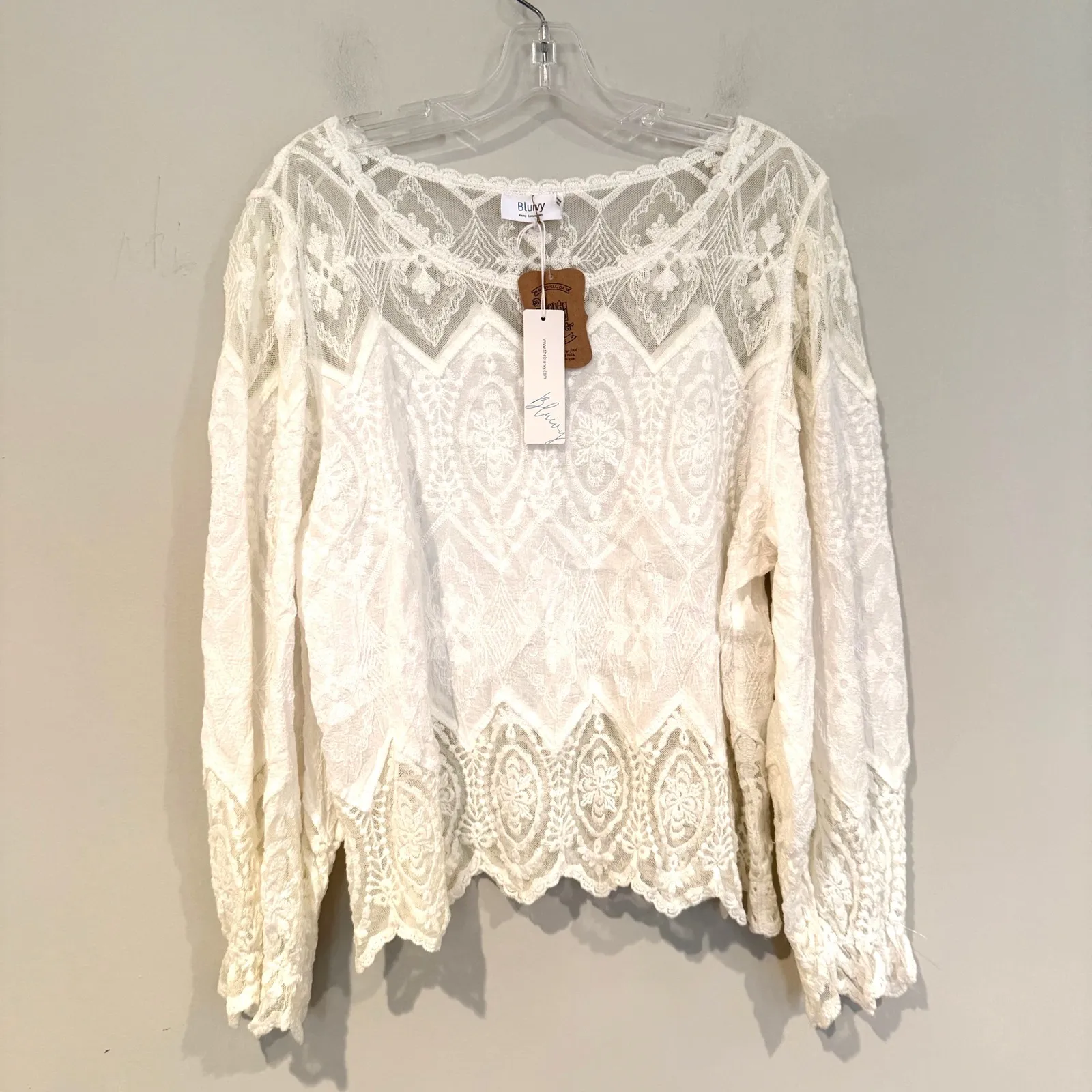 Bluivy Scallop Hem Embroidery Lace Blouse Women's Large Ivory Boho Hippie Dainty White - Image 4