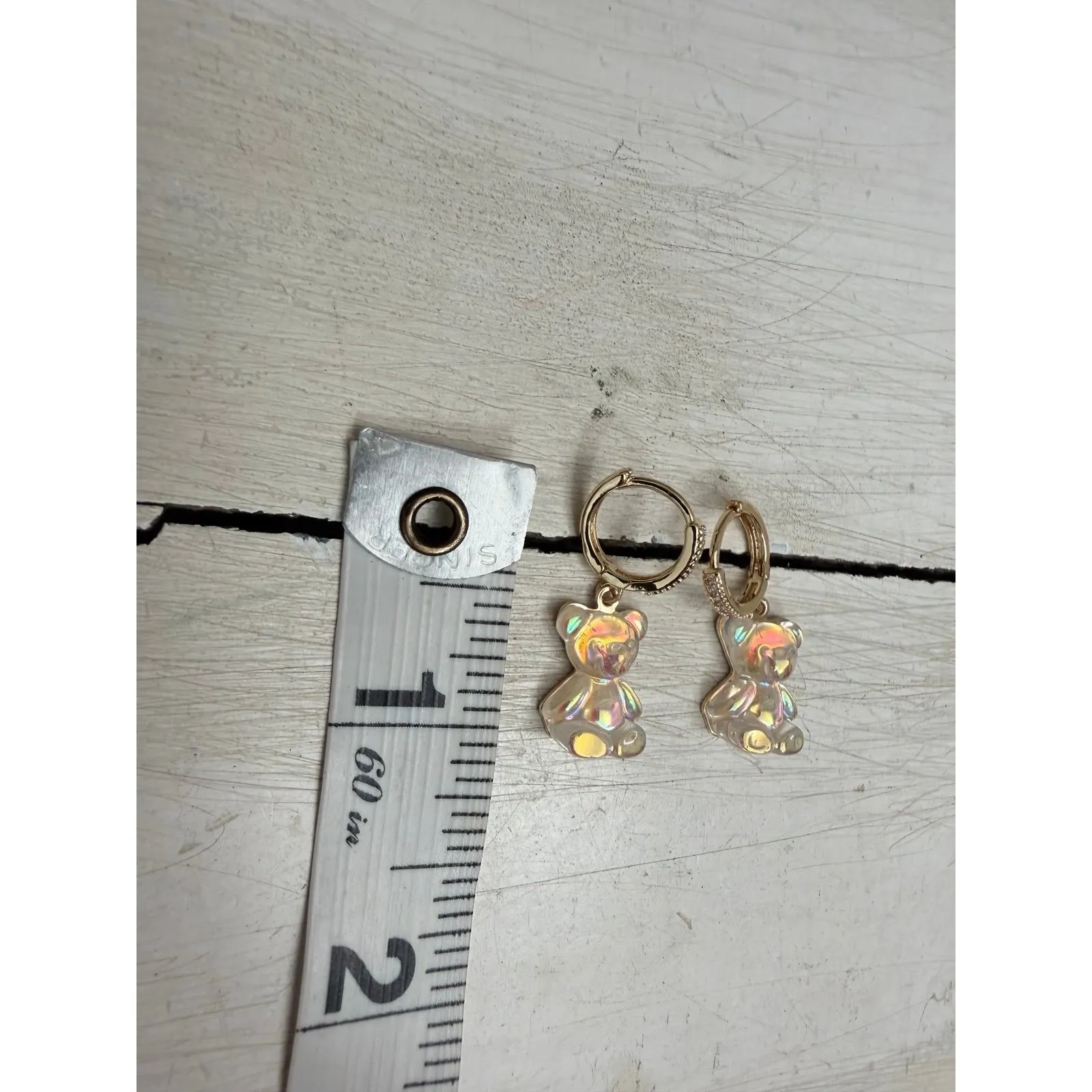 Teddy Bear Earrings Bundle Fuzzy Studs + Iridescent Dangle Hoops Cute Kawaii - Image 4