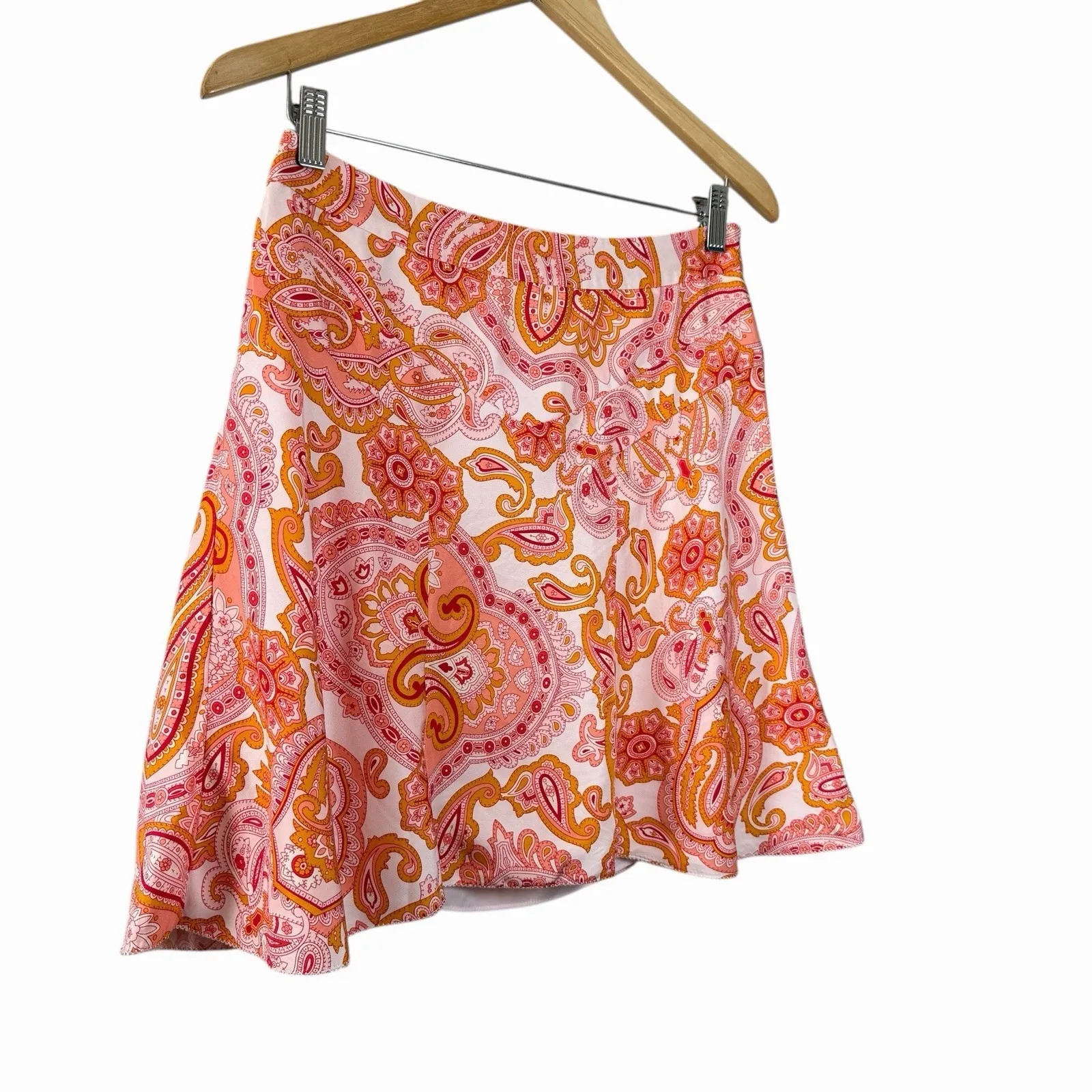 Banana Republic 100% Silk Paisley A-Line Mini Skirt Pink Orange Lined Size 2 - Image 4