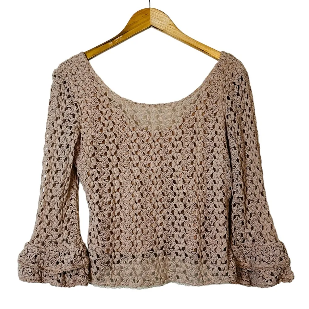 Free People Cream Crochet Bell Sleeve Boho Top Size Small - Image 2