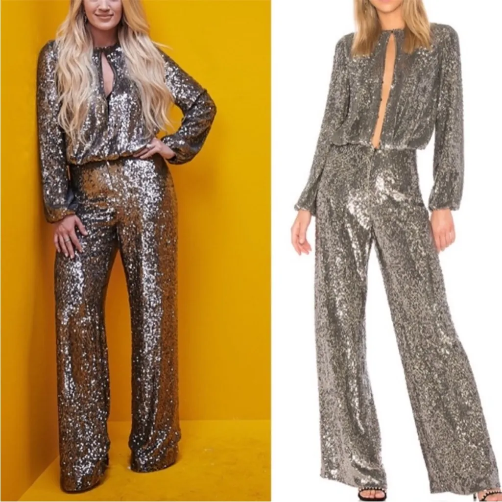 Alexis Zeda Cream Sequin Jumpsuit Long Sleeve Wide Leg Size Large RARE - Image 10