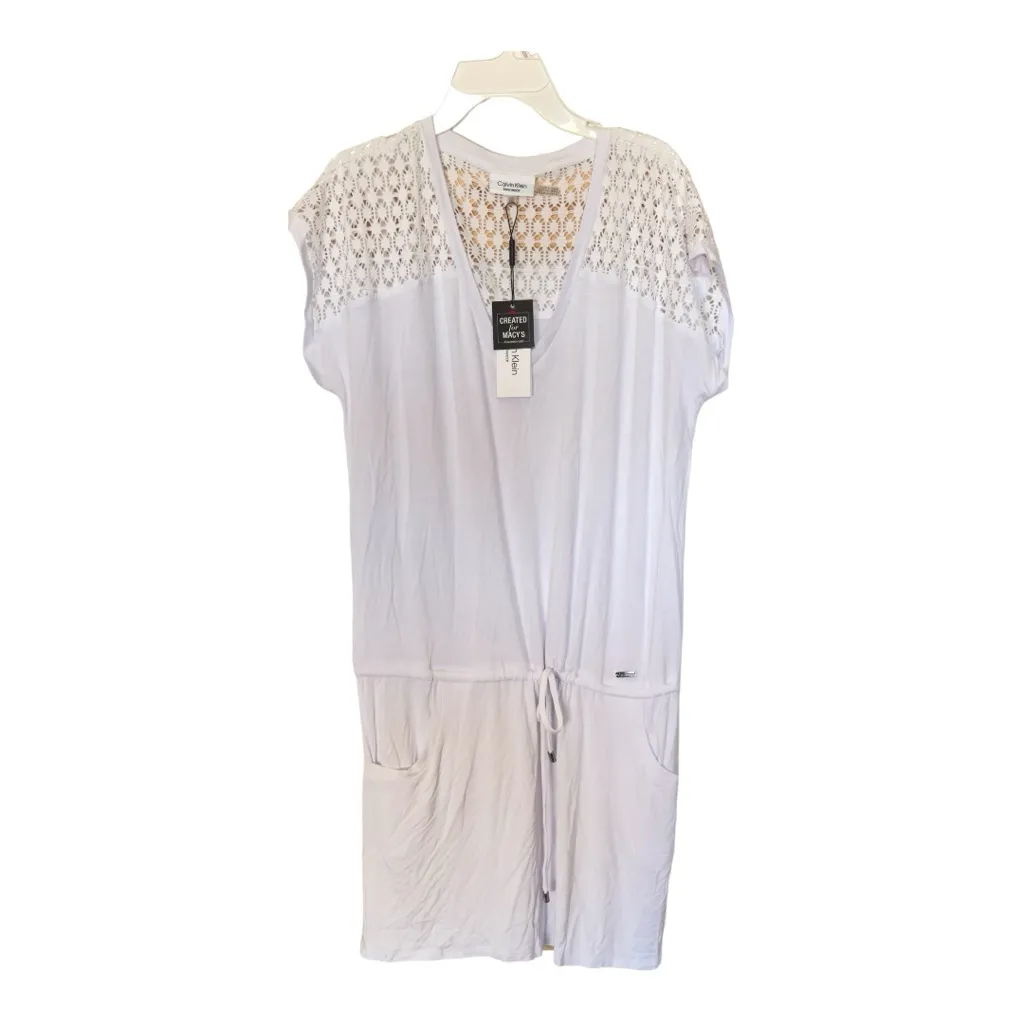 New CALVIN KLEIN Crochet-Shoulder Tunic Cover Up Dress White Small/Medium - Image 3