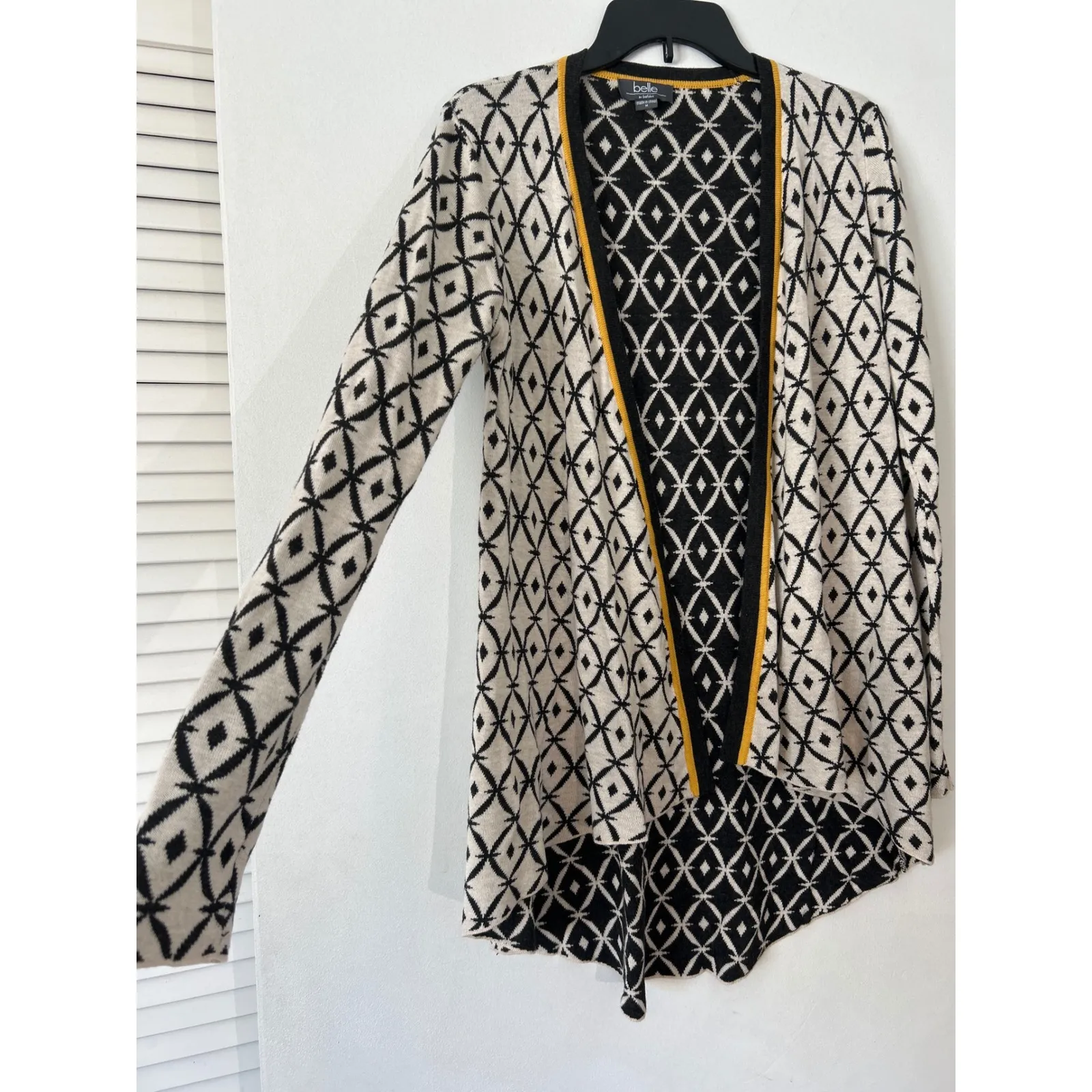 Belle by Belldini Open Front Cardigan Duster Sweater Blk Beige Diamond Pattern M Black Size M - Image 2