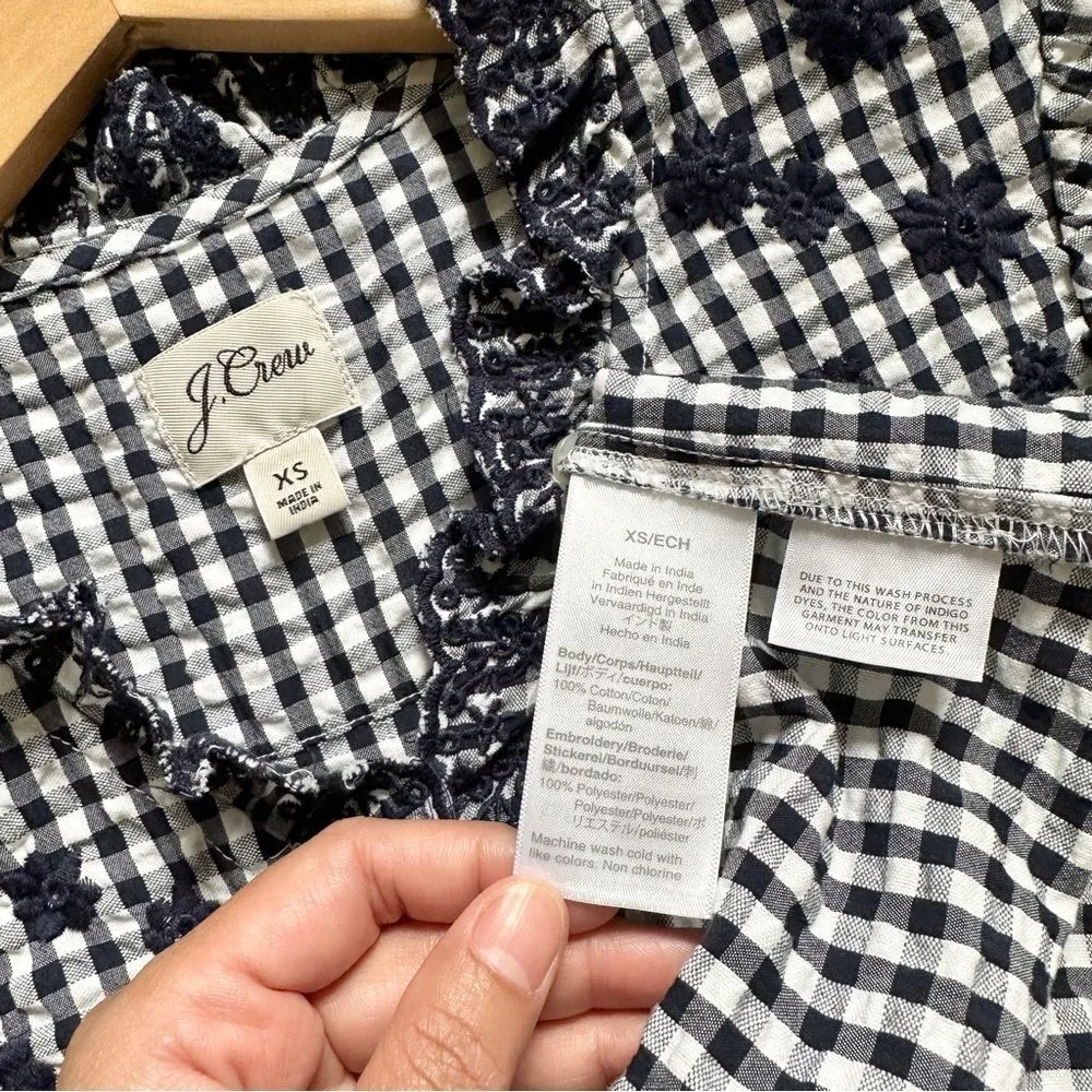 J.Crew Embroidered Indigo Crinkled Gingham Short Sleeve Navy White Top Cotton XS - Image 13