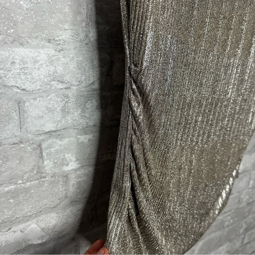 Calvin Klein Gold Ribbed Shimmer Cap Sleeve Ruched Blouse Size Large *Used - Image 3