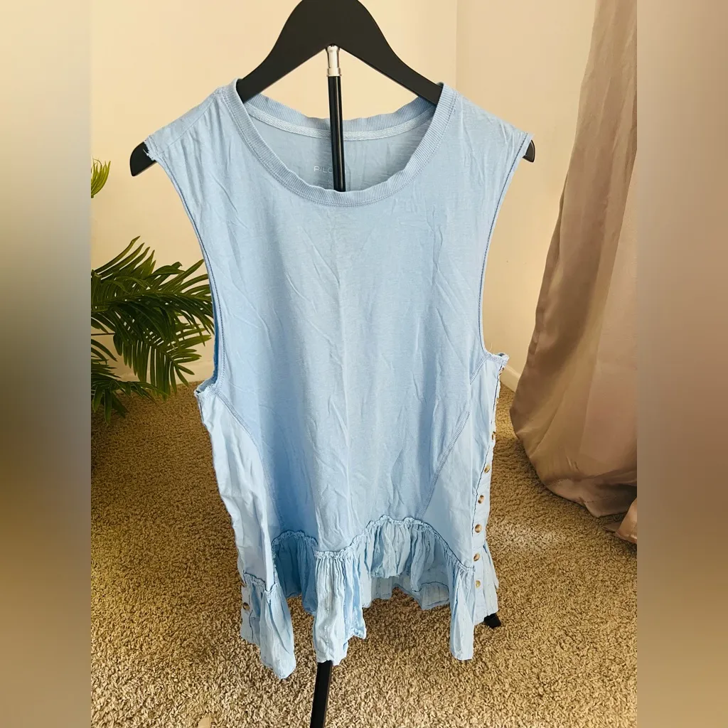 Pilcro  Anthropologie Light Blue Ruffled Hem Tank Top - Image 3