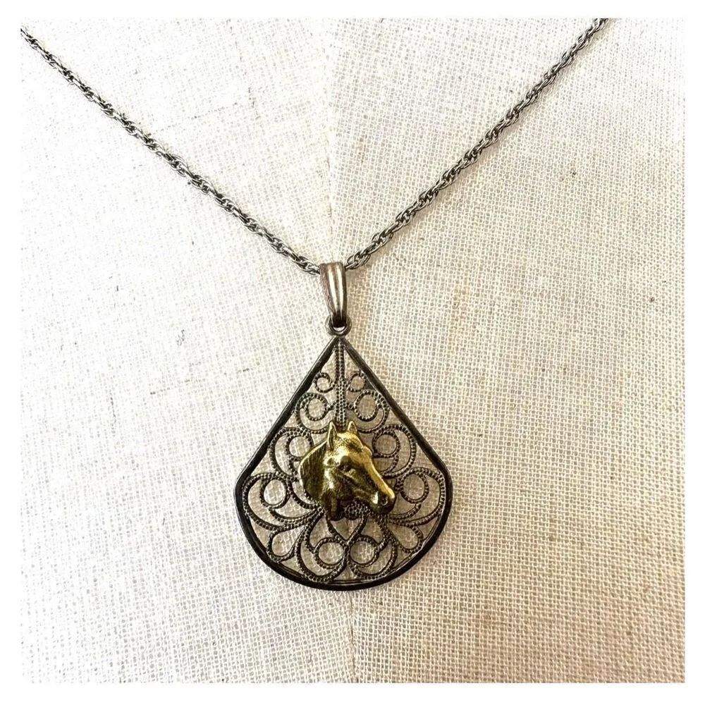 silver and gold tone horse teardrop pendant necklace - Image 2