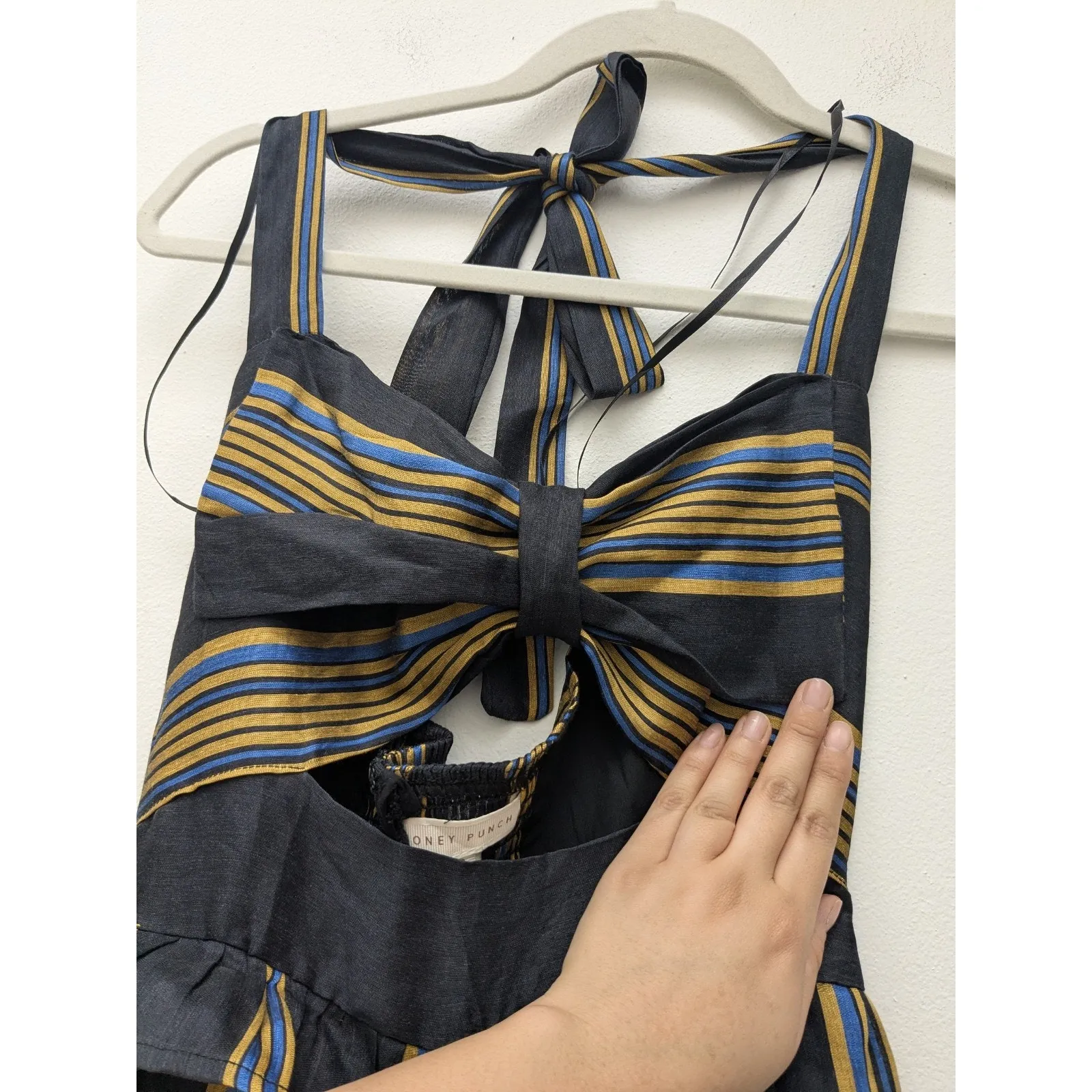 Honey Punch Women's Jumpsuit Halter Cut-Out Bun Ruffle Striped Black Gold Small - Image 5