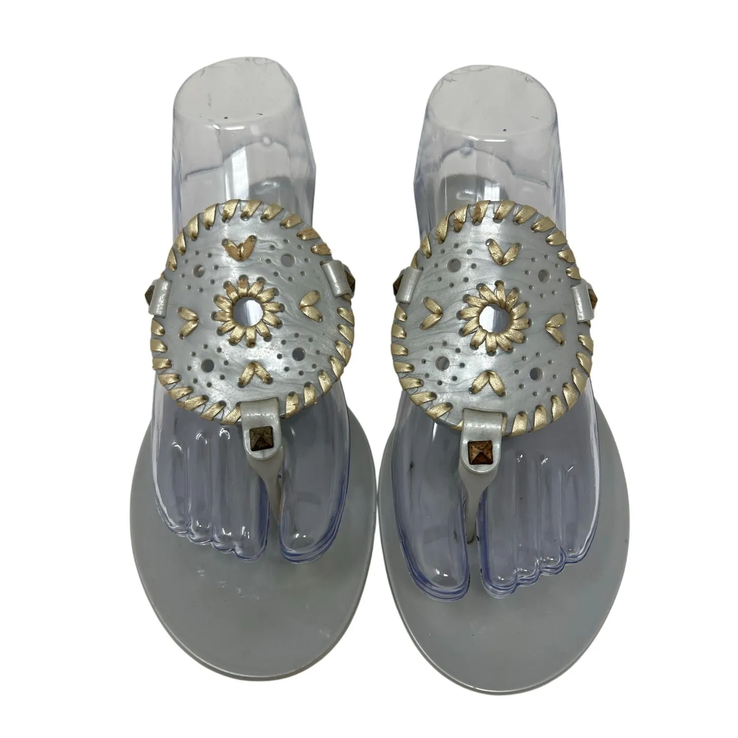 Jack Rogers Georgica Silver Gold Medallion Whip Stitch Leather Jelly Sandals 8 - Image 4