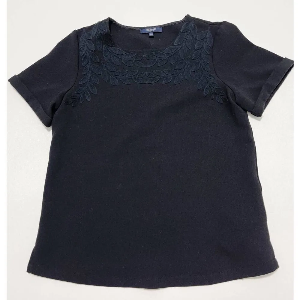 Madewell T-Shirt Embroidered Ivy Leaf Design Top Cuff Sleeves Crew Neck Black XS - Image 14