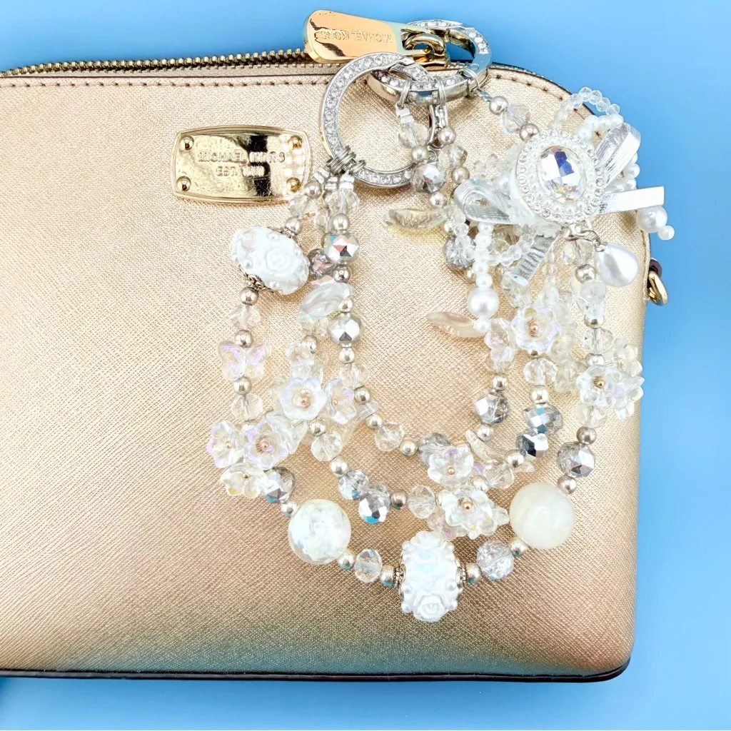 🤍 Luxury Bag/Phone Chain Charm/Keychain Triple-Layer Flowers Fancy Crystal Beads - Image 12