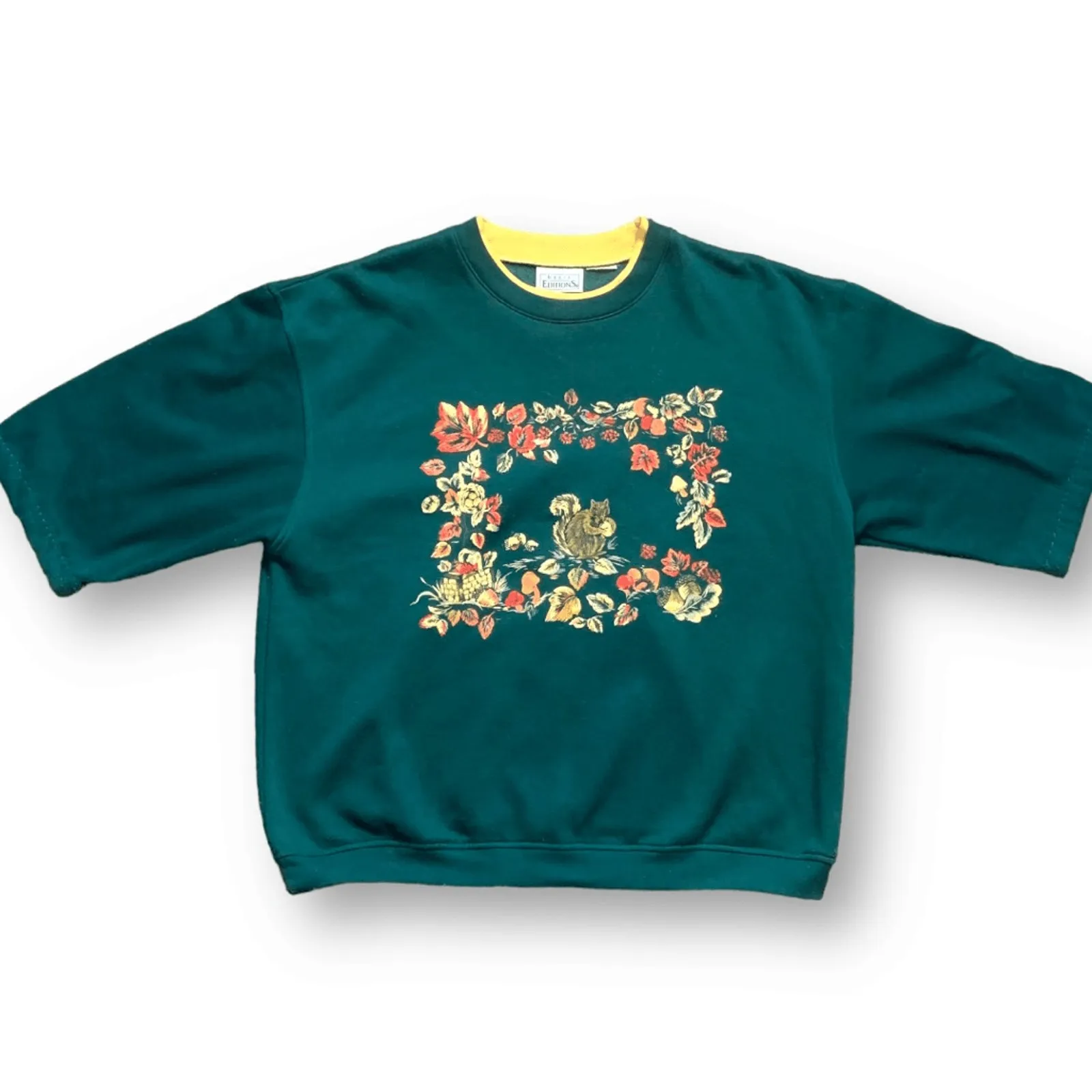 Vintage Basic Editions Sweatshirt Green Fall Leaves Squirrel Drop Shoulder OOAK Size M - Image 5