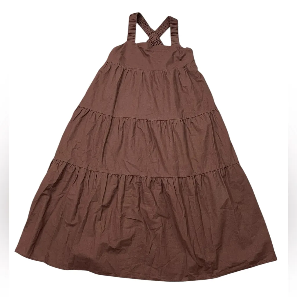 Bohme Tiered Midi Dress Size MEDIUM Linen Blend Dark Brown Sleeveless Crisscross - Image 2