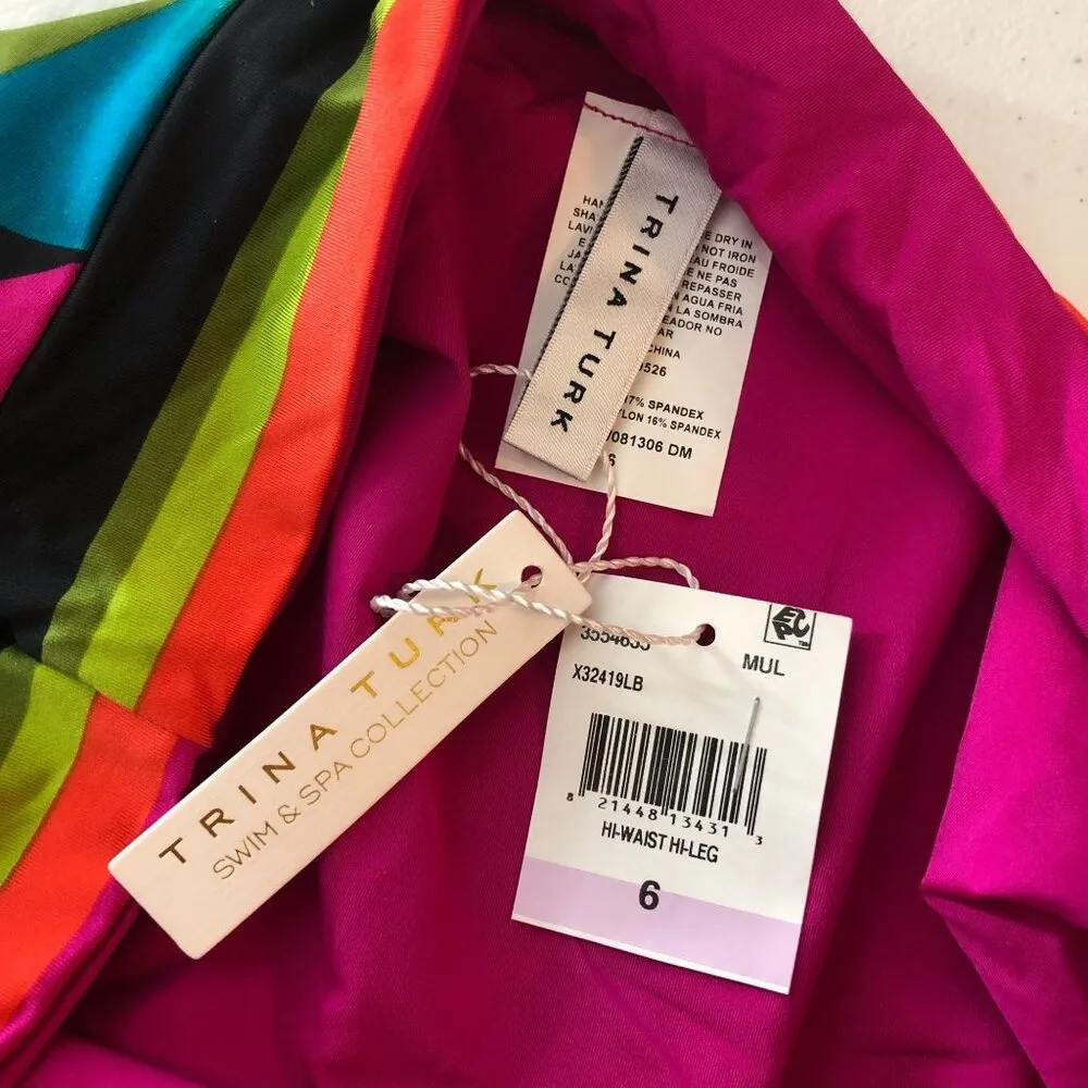 Trina Turk Bikini Bottom High Waist Colorful Floral Print Stripe Waist 6 - Image 5