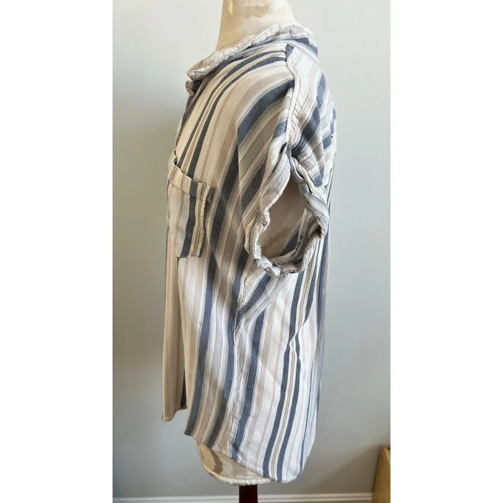 Thread & Supply Striped Short Sleeve Button Up Tunic Large Tan - Image 4