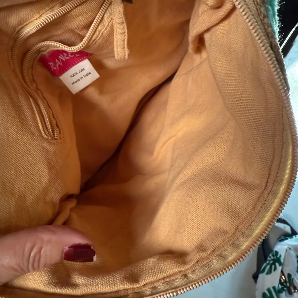 Ranee’s Bohemian Teal and Tan jute‎ Clutch with Pom Pom Blue - Image 4