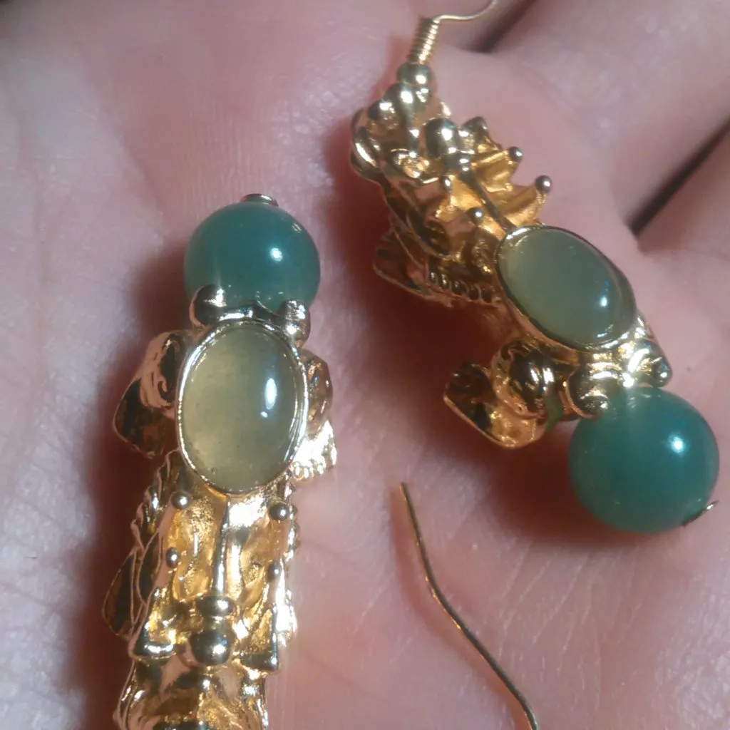 Green Aventurine Dragon Goldtone and Stainless Steel Dangle Earrings - Image 10