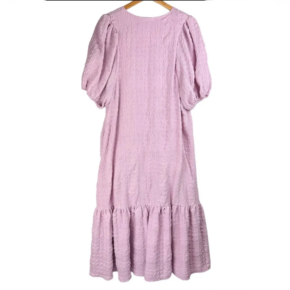 Lulu’s Sunny Love Seersucker Puff Sleeve Button Front Midi Dress Sz XL Lilac - Image 3