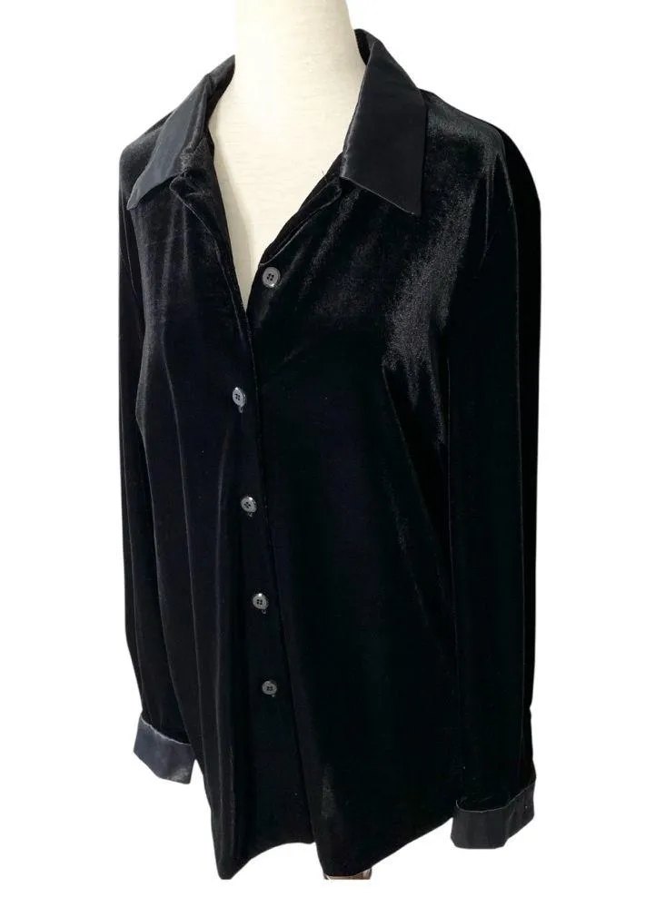 VINTAGE 90s ELLEN FIGG Black Velvet Shirt with Satin Trim Size 12 - Image 2