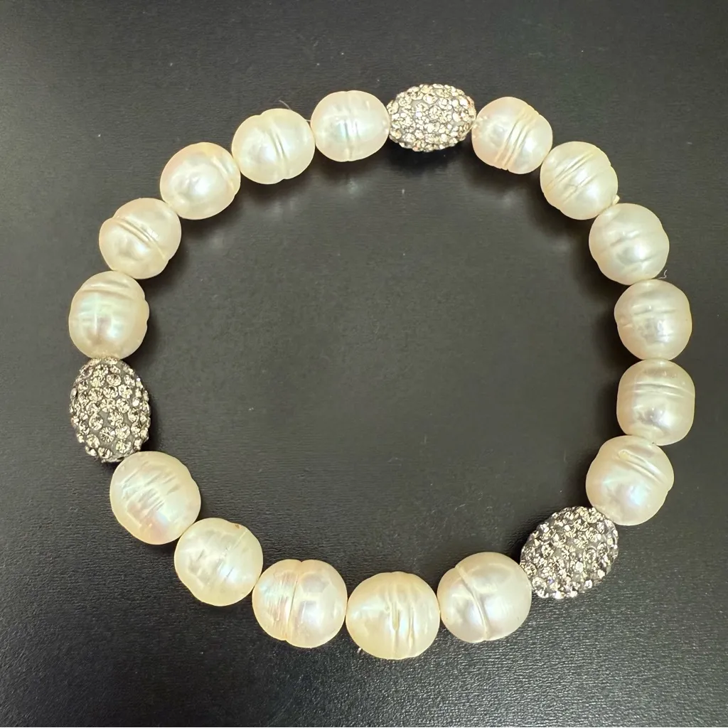 Natural Freshwater Cultured Pearl Disco Ball Crystal Beads Stretch Bracelet White - Image 3