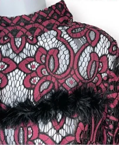 Dance & Marvel Lace Mockneck Open Back Feather Trim Blouse Maroon Black M - Image 1