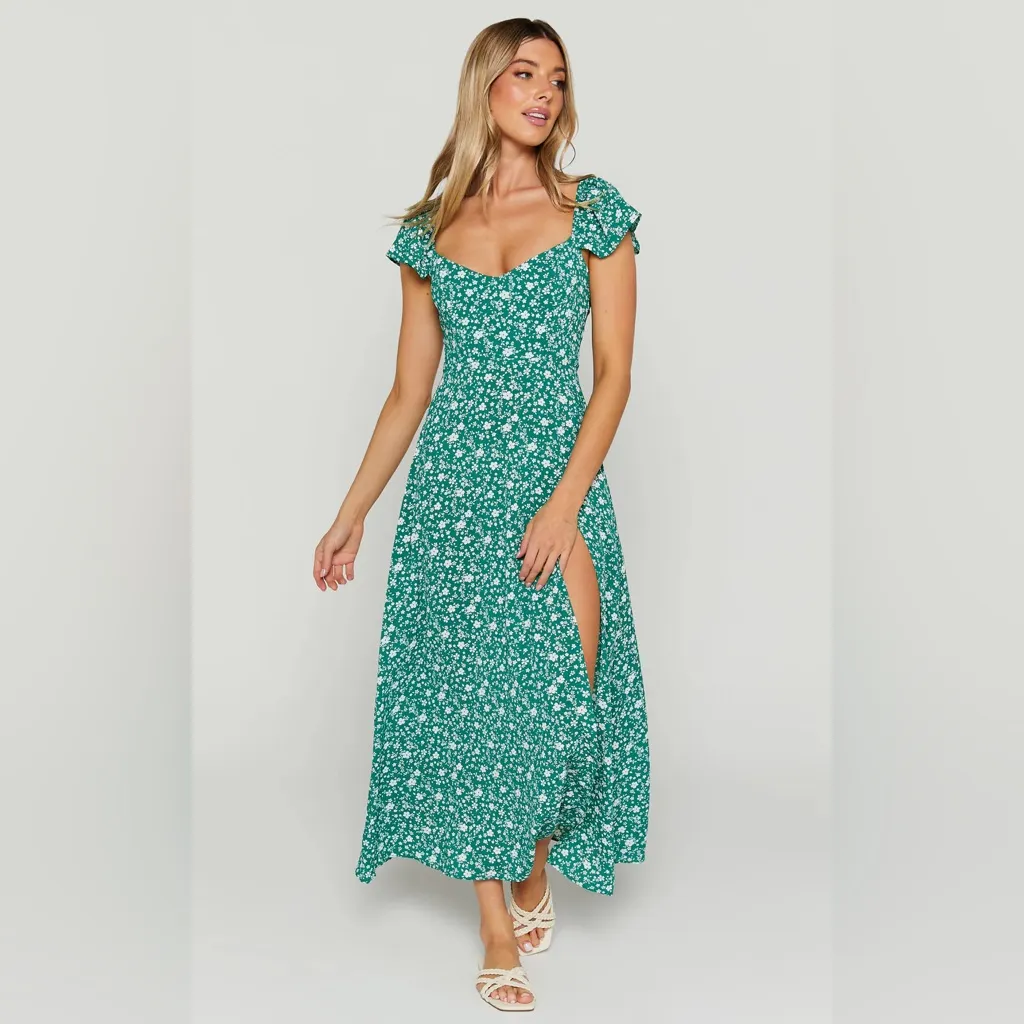 NEW Showpo Donissa Thigh Split Flutter Sleeve Dress Midi Floral Green 8 NWT - Image 3