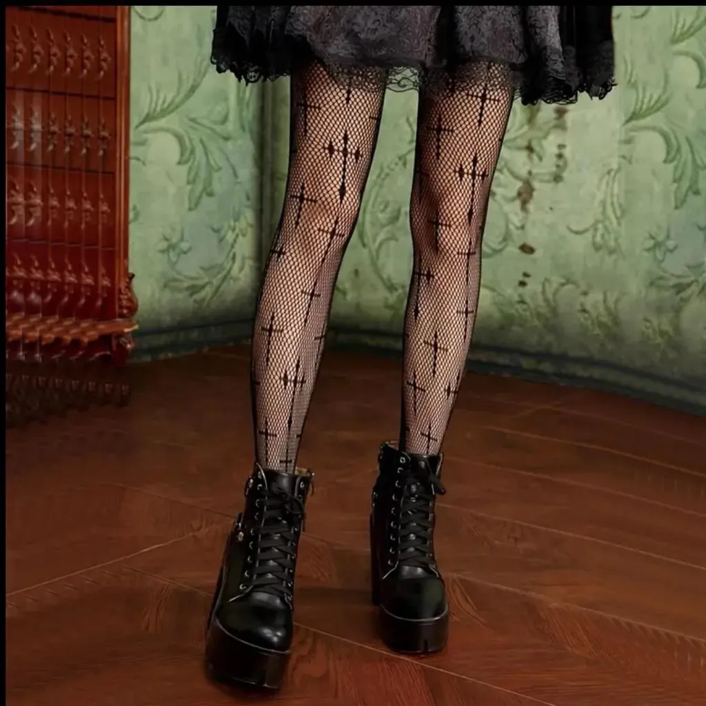 Cross Pattern Fishnet‎ Tights, Hollow Out High Waist Mesh Pantyhose One Size Black - Image 7