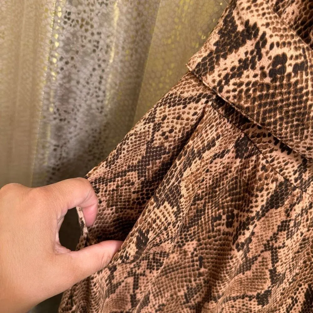 Express Brown Tan Snakeskin Print Belted Wrap Stretchy Jumpsuit Large - Image 5