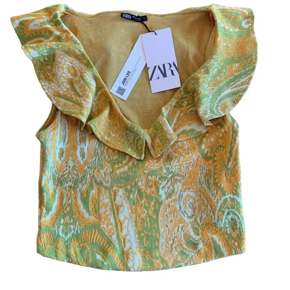 Zara Women's Sleeveless Paisley Ruffle Neck Top Yellow/Green Size M - Image 4