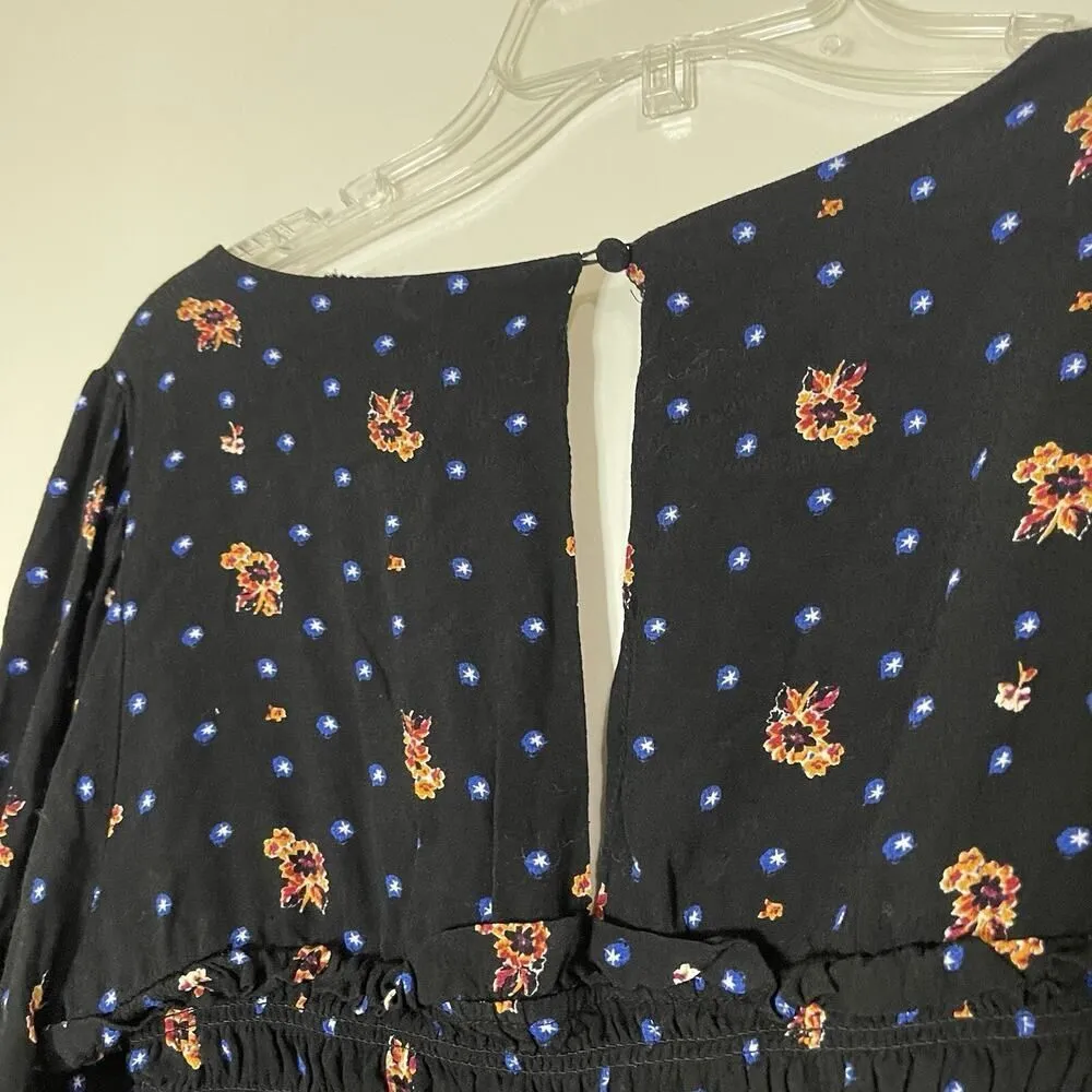 Free People Black Floral Star-Print Smocked long sleeve Mini Dress Size Small - Image 5