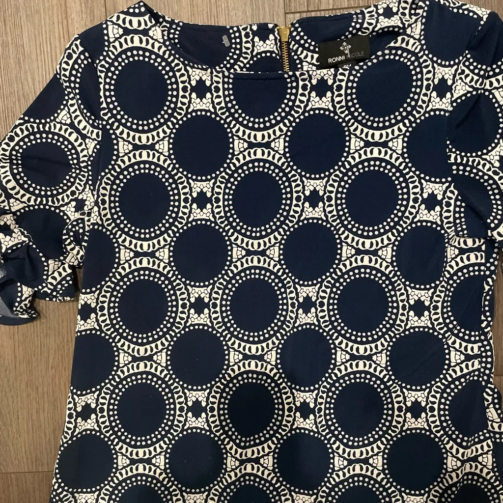 Blue and White Dress by Ronni Nicole Business Ruffle sleeves petite medium PM - Image 2