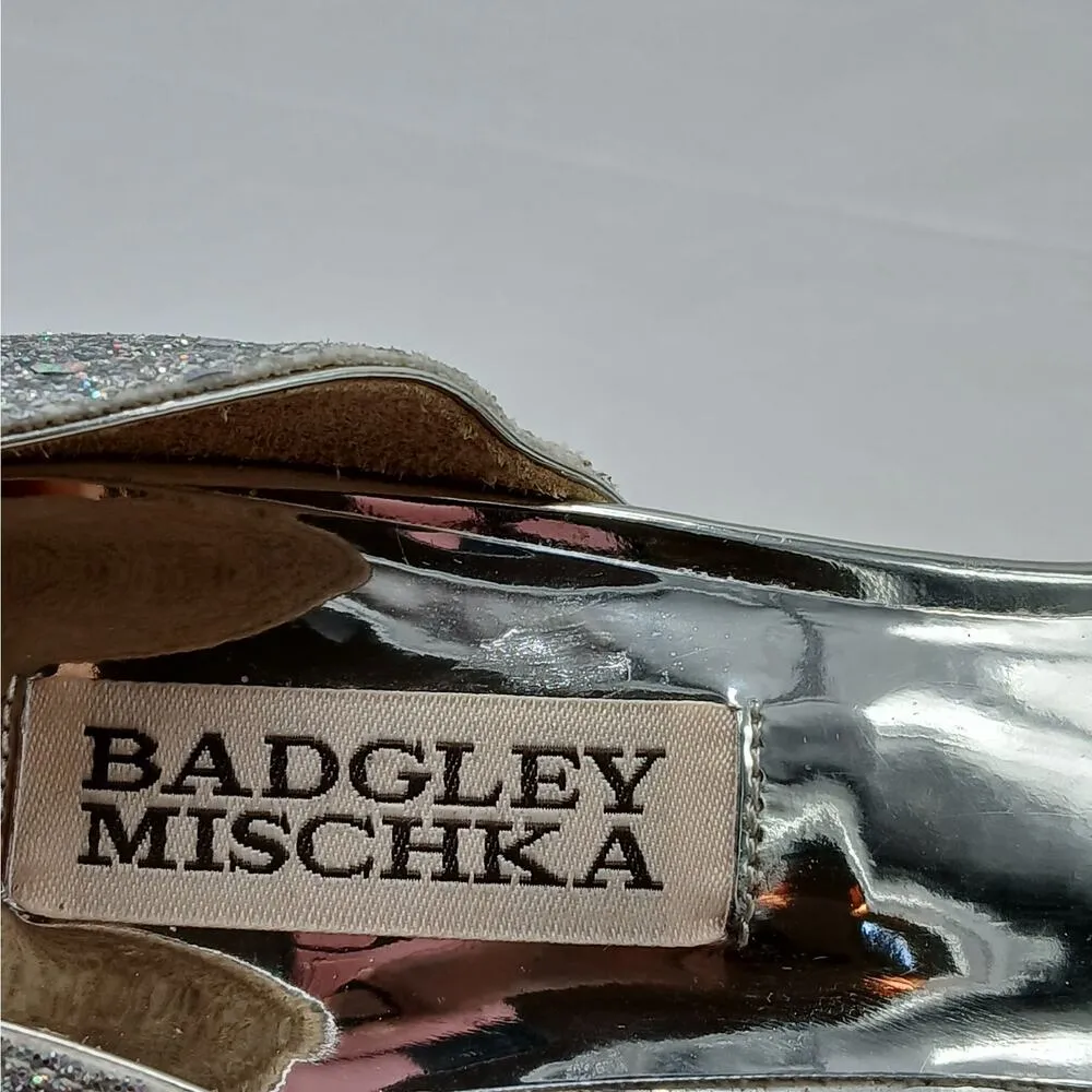 Badgley Mischka Glitter Stiletto Heel Pump Women 6.5 Silver D'Orsay Pointed Toe - Image 8