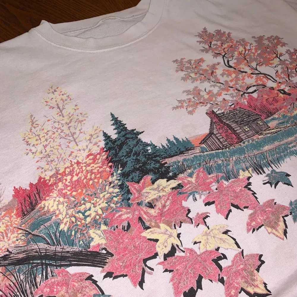 Vintage 90s Baggy Oversized Scenic Autumn Fall Foliage Cabin Print Sweatshirt White Size M - Image 3