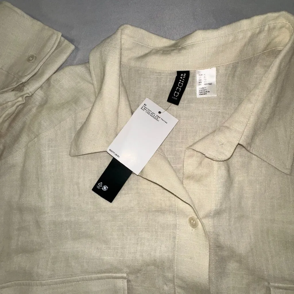Divided H&M - Linen Blend Women's Button Shirt Long Sleeve Cream Size XL - Image 4
