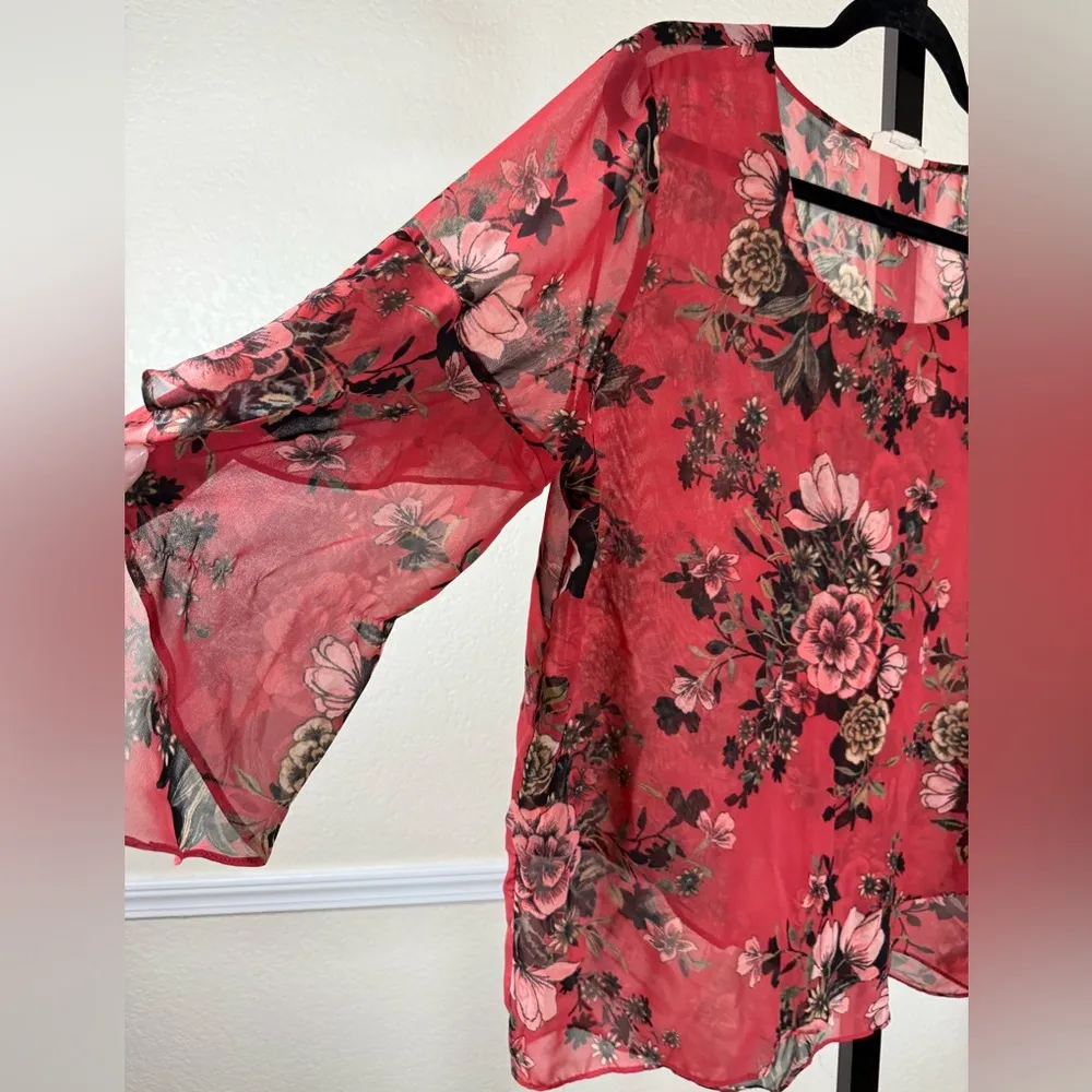 Womens Boho Floral Print Sheer Ruffle Sleeve Blouse Flowy Chiffon Top Pink Sheer Size L - Image 6
