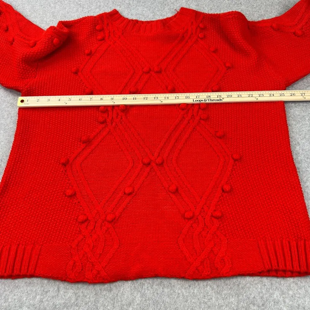 Ava & Viv Cable Knit Pom Pom Sweater In Red Women's Size 2X - Image 9