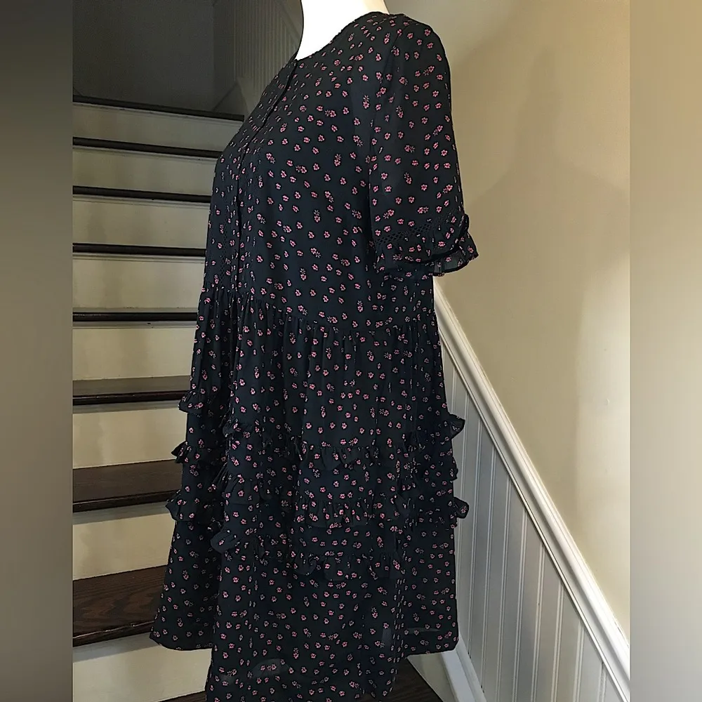 TOPSHOP Black Dress w Rose Pattern Puff Sleeve Open Ladder Accent Sz 8 NWOT - Image 12