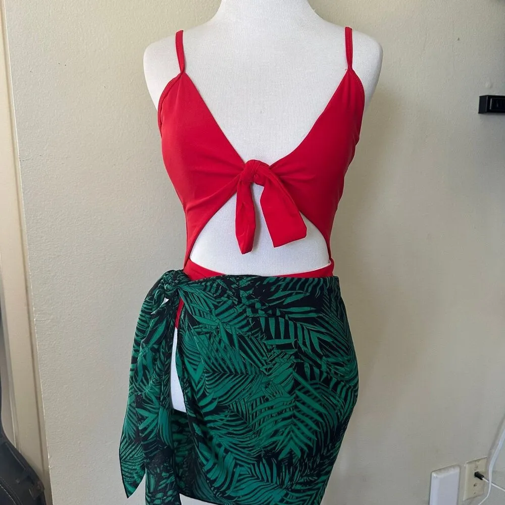 Women’s swimsuit set/ one piece and sarong bikini wrap Red - Image 2
