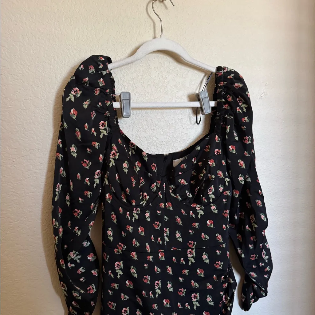 ASTR The Label floral long sleeve milkmaid satin midi dress Sz Large Black Ditsy - Image 5